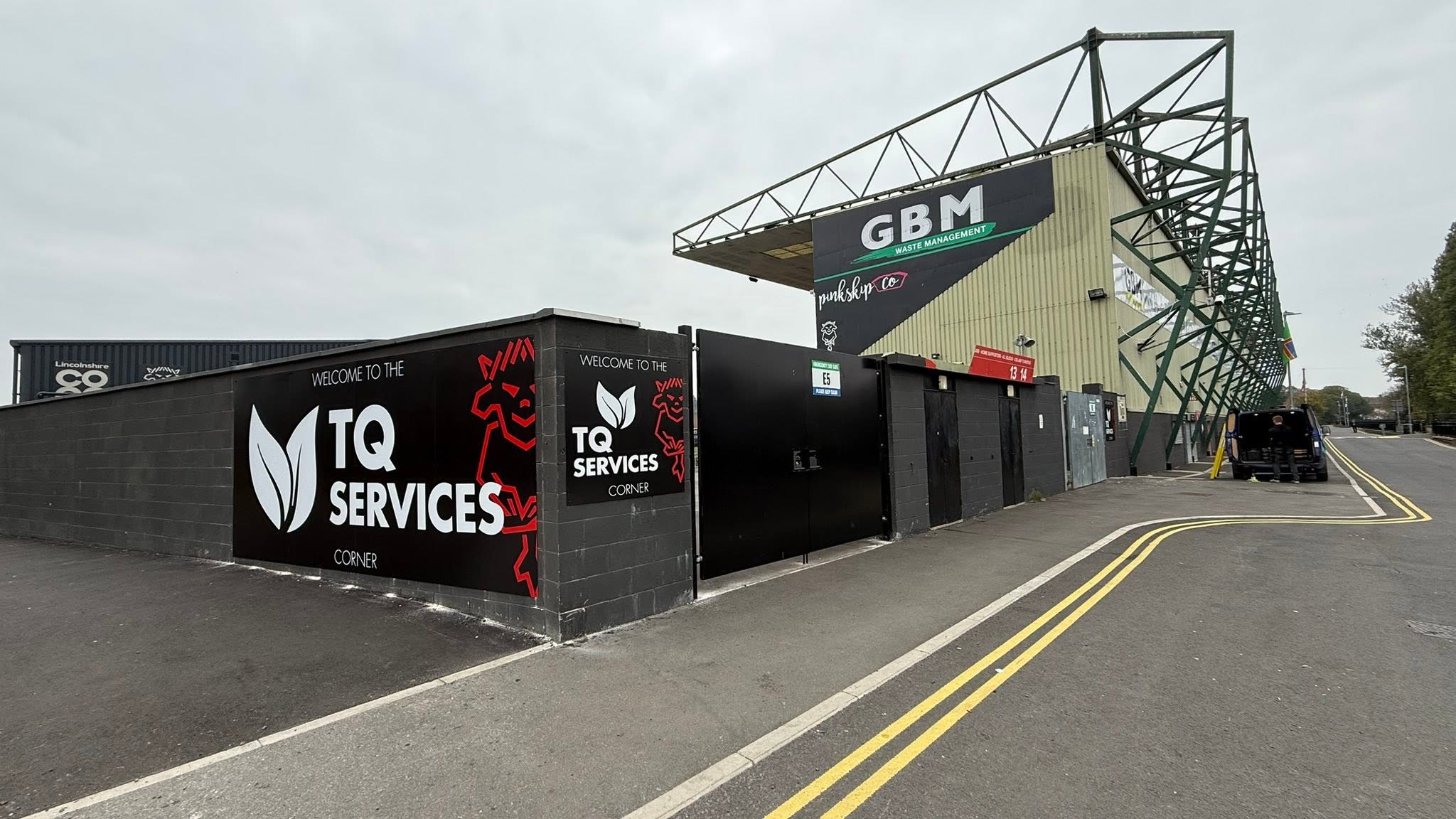 External wall signage installed by GRS Signs at Lincoln City FC Stadium.