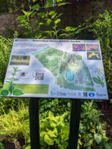 Freestanding interpretation sign for Banovallum House Wildlife Garden, mounted on two dark green posts within a planted garden setting. The sign features a detailed illustrated site map showing pathways, planting areas, trees, wildlife habitats, and a pond, alongside photographs of flowers and wildlife found within the garden. Informative text explains the garden's biodiversity and conservation features, while illustrations of plants and insects decorate the edges of the panel. Logos from supporting organisations, including Lincolnshire Wildlife Trust, are displayed along the bottom. The colourful design combines maps, photography, and educational content to help visitors explore and understand the wildlife garden.