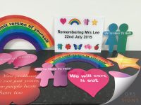 Collection of brightly coloured acrylic wellbeing and support signs displayed on a dark surface. The display includes rainbow-shaped signs with positive messages such as “Be the best version of yourself” and “Have confidence in yourself.” A central memorial plaque reads “Remembering Mrs Lee, 22nd July 2015” and is decorated with colourful symbols including a heart, rainbow, star, butterfly, flowers, and an apple. Additional signs feature supportive messages such as “We’re Here To Help” and “We will sort it out,” alongside speech-bubble and heart-shaped panels carrying encouragement and wellbeing statements. The vibrant pink, rainbow, blue, and green colour scheme creates an uplifting and welcoming display designed to promote support, confidence, and emotional wellbeing in a school or community environment.