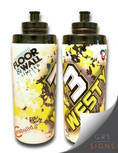 Pair of customised sports water bottles featuring a vibrant wrap-around graphic design in yellow, black, white, and grey. The bottles display branding for Floor & Wall Limited, with bold motorsport-style typography and sponsor logos printed across the surface. The high-impact design combines splatter-effect graphics, angular lettering, and contrasting colours to create an eye-catching promotional item suitable for sporting events, team sponsorship, or corporate merchandise.