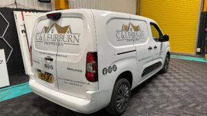 Vehicle livery for C & L Fairburn Properties on a white Citroën Berlingo van featuring company branding, contact details, website graphics and social media icons.