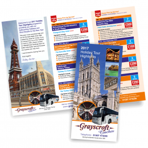 A three-fold leaflet designed for Grayscroft Bus company, showcasing their holiday tour highlight programmes.