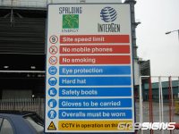 An aluminium warning/mandatory information/prohibitions safety sign (at Spalding Energy/InterGen)