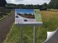 Freestanding outdoor interpretation sign for the Lincolnshire Wildlife Trust, mounted a dual-post display. The sign is titled “Tall Thrift... the jewel in Ancaster’s crown” and provides information about the rare Tall Thrift flower and its habitat. A large central photograph shows a churchyard landscape with Tall Thrift plants in the foreground, while smaller illustrations and photographs highlight the species and related wildlife features. A map and explanatory text panel appear on the right-hand side, describing the location and significance of the site. The Lincolnshire Wildlife Trust logo is displayed along the bottom edge. Long grass surrounds the sign, with gravestones and mature trees visible in the background of the photograph.