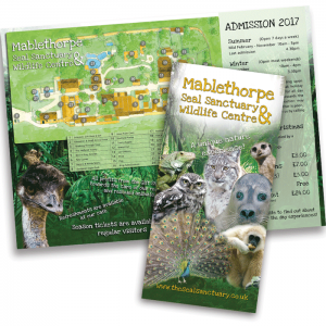 A folded leaflet design for Mablethorpe Seal Sanctuary & Wildlife Centre - featuring photographs of their animals, a wayfinding map, prices and opening times.