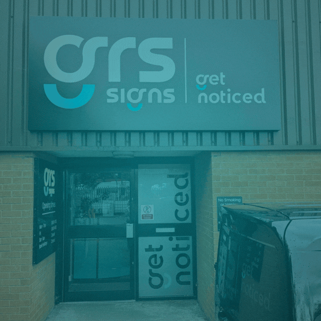 Shop front GIF featuring animated sign and contact information for GRS Signs