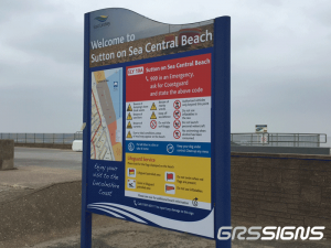 A dual-posted module sign installed at Sutton on Sea's beach. There is a way finding map, lifeguard information and warnings to follow for your own safety and for the safety of others.