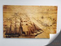 Decorative acrylic wall panel featuring a vintage-style maritime illustration, mounted to an interior wall using metal stand-off fixings. The artwork combines an antique nautical map background in warm tones, with a detailed illustration of a traditional sailing ship in the foreground. Compass lines, navigation markings, coastlines, and handwritten map annotations add to the historic nautical theme, while the aged brown and cream colour palette creates the appearance of an old seafarer's chart.