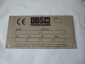 A close up of a laser-engraved stainless steel label for DBS Processing LTD, based in Nottingham.
