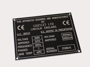 An engraved aluminium specification plate for an electrostatic precipitator manufactured by Castlet Ltd of Lincoln, England.