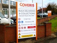 Corporate external totem sign for Coveris in Louth. It features cautions and rules for safety.