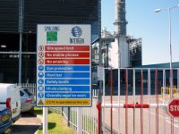 Dual-post mounted, mandatory warning and prohibition safety sign (located externally at Spalding Energy / InterGen)