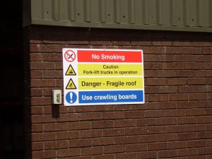 Wall-mounted safety sign with warnings, cautions and prohibitions