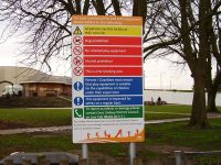 Dual post mounted aluminium safety sign at Tower Gardens in Skegness