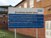 A modular NHS sign for Grantham Health Clinic.